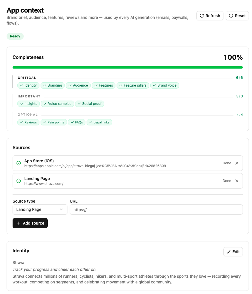 Adapty Mail App context brief for Strava — 100% completeness with identity, branding, audience, and features filled in