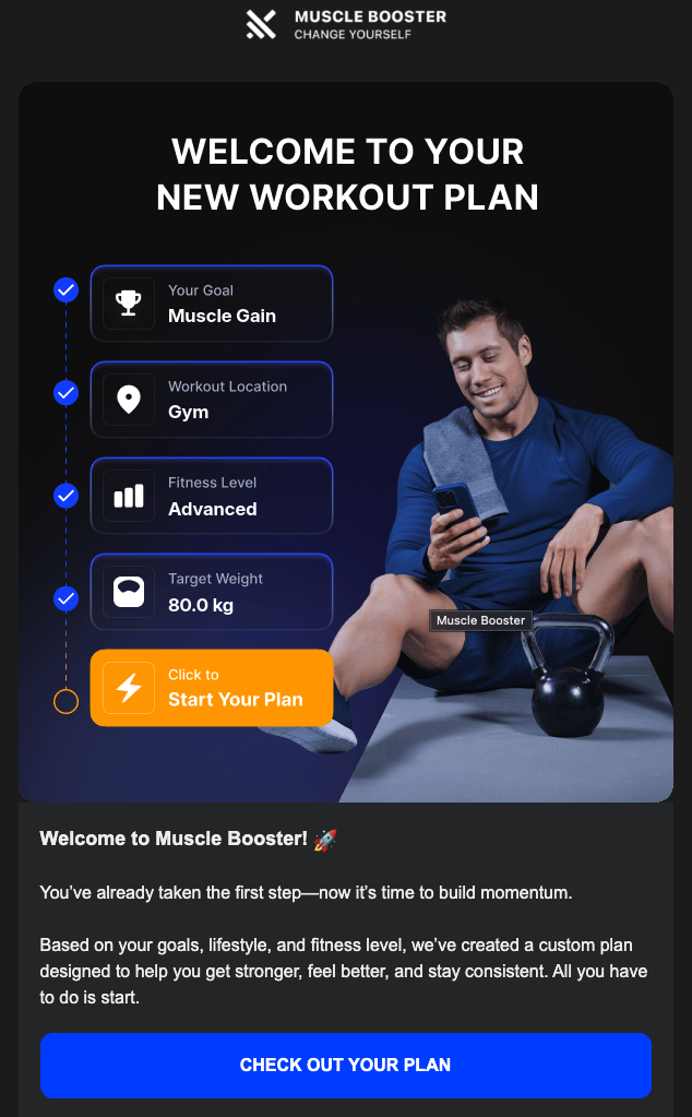 Muscle Booster welcome email — personalized workout plan with goal, location, fitness level, and target weight