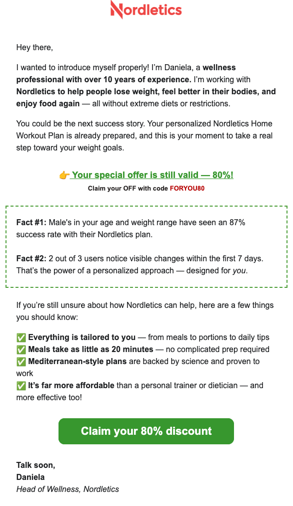 Nordletics mid-trial coach letter email from Daniela — personal tone, success stats, and 80% discount offer