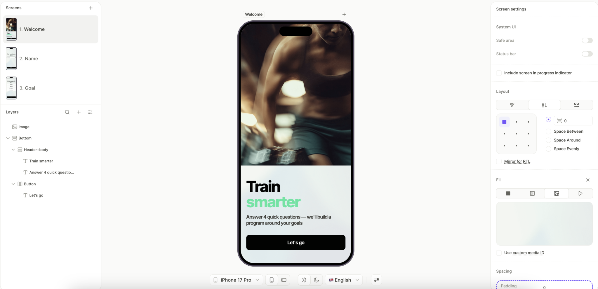 Sport flow welcome screen in Adapty Flow Builder, displaying an athletic figure in motion above the headline "Train smarter" with "smarter" highlighted in green. The supporting copy reads "Answer 4 quick questions — we'll build a program around your goals" and the single CTA is "Let's go." The Flow Builder interface shows the screens panel on the left (Welcome at position 1, Name, Goal) and screen settings on the right. The screen demonstrates foot-in-the-door commitment design, where the only available action is a low-stakes tap and the question count is named upfront to make the commitment feel small.