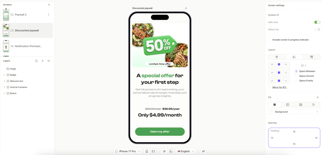The "Discounted paywall" sits one screen after the standard paywall in the flow — meaning this is the discount the user only sees if they declined the first offer. The escape-valve discount is a more sophisticated pattern than running 50% off as the only paywall.