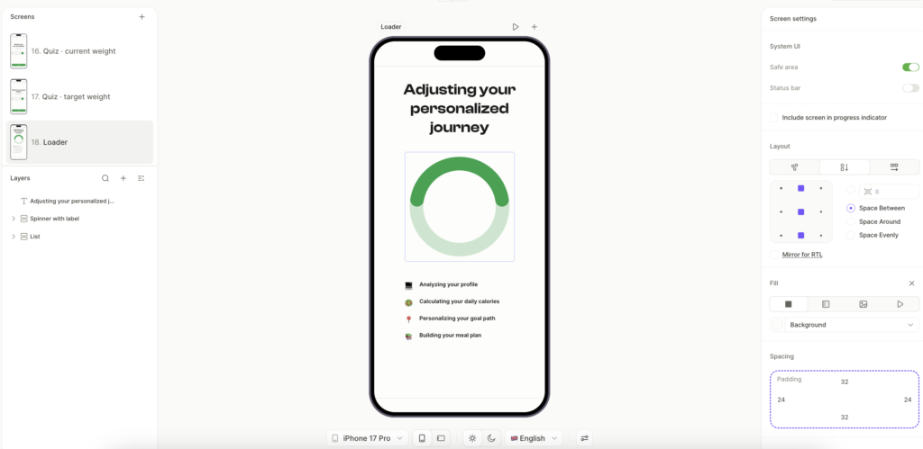"Adjusting your personalized journey" with four named steps the system is "doing" (analyzing your profile, calculating your daily calories, personalizing your goal path, building your meal plan). The named steps signal that real custom work is happening on the user's behalf, even though no actual computation is occurring on their device.