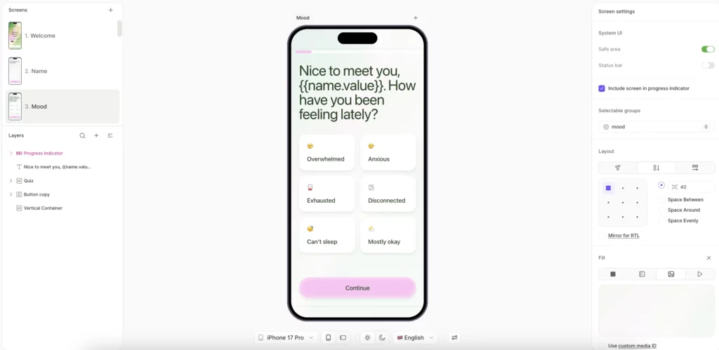 Wellness flow mood screen built in Adapty Flow Builder, showing personalized copy "Nice to meet you, {{name.value}}. How have you been feeling lately?" with six mood options: Overwhelmed, Anxious, Exhausted, Disconnected, Can't sleep, Mostly okay. The Flow Builder interface shows the screens panel on the left (Welcome, Name, Mood) and screen settings on the right with layout and selectable groups configuration.