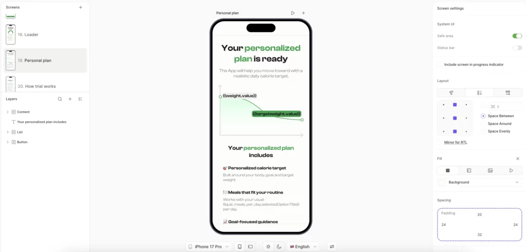 "Your personalized plan is ready" with a weight projection chart showing the user's current weight curving down to their target weight, followed by three named plan components (personalized calorie target, meals that fit their routine, goal-focused guidance) personalized to the user's quiz answers. The user sees a concrete output that mirrors back what they asked for.