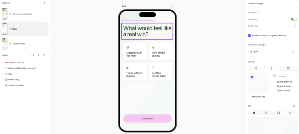 Wellness flow goal screen in Adapty Flow Builder, asking "What would feel like a real win?" with four outcome cards the user can pick from: Sleep through the night, Turn off the anxiety, Focus without burnout, and Feel like myself again. The Flow Builder interface shows the screens panel on the left (Testimonial hook, Goal, Chart hook) and selectable group configuration on the right.