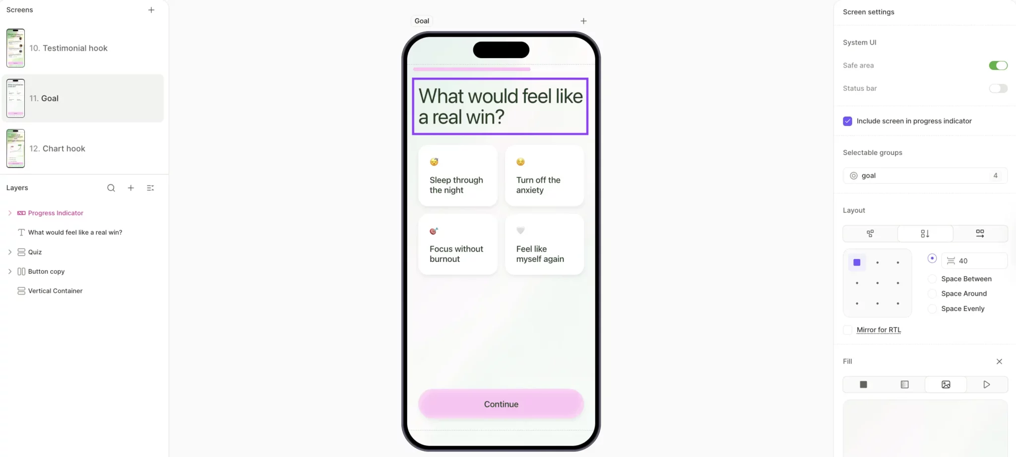 Wellness flow goal screen in Adapty Flow Builder, asking "What would feel like a real win?" with four outcome cards the user can pick from: Sleep through the night, Turn off the anxiety, Focus without burnout, and Feel like myself again. The Flow Builder interface shows the screens panel on the left (Testimonial hook, Goal, Chart hook) and selectable group configuration on the right.