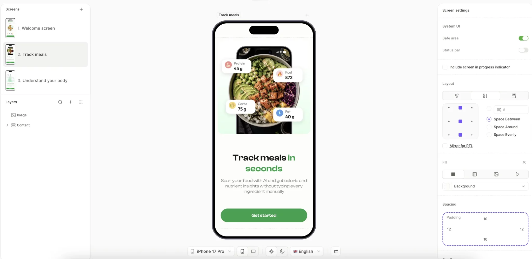 "Track meals in seconds" paired with the explanation that AI scans the food automatically tells the user the product solves the most annoying part of meal tracking (manual logging) before they have to commit to anything. It's the V variable doing its work early, when the user is most likely to be skeptical of whether they'll actually use the app.