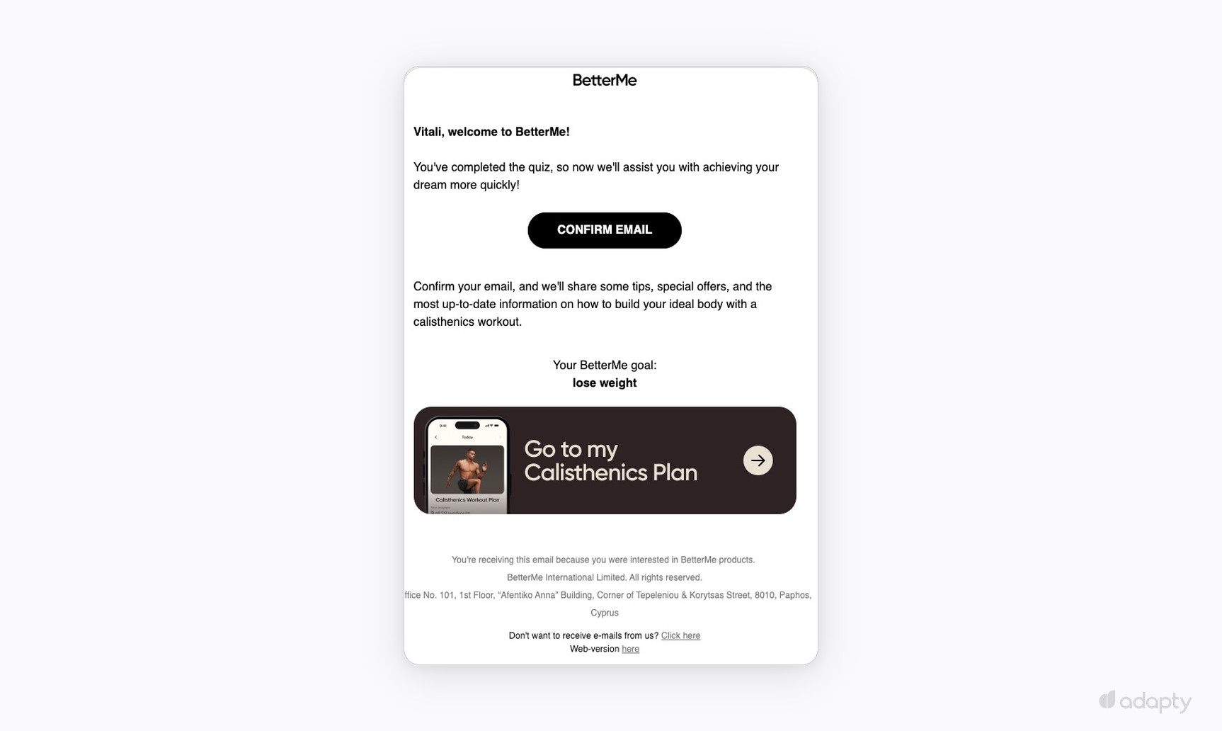 BetterMe welcome email confirming email address and directing the user to their personalized calisthenics workout plan