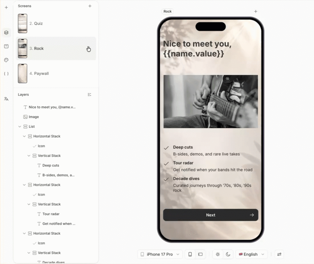 Screenshot of Adapty's Flow Builder editor showing a paywall screen with personalized text variables, conditional rendering for music genre cohorts, and device, theme, and language preview controls. The layer tree on the left maps directly to native primitives.