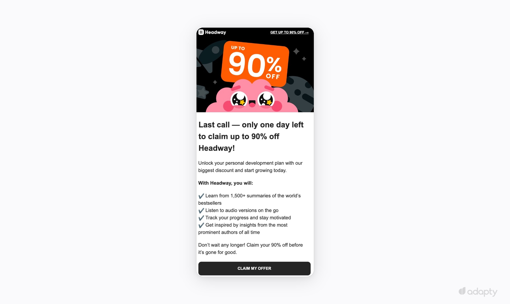 Headway win-back email with 90% off discount offer and a single CTA button