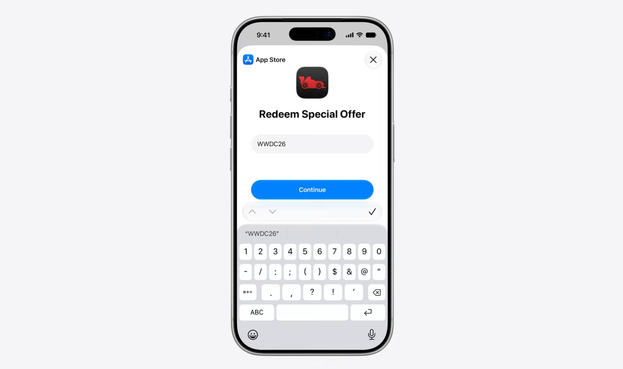 App Store offer code redemption screen showing the system UI where users enter a promo code