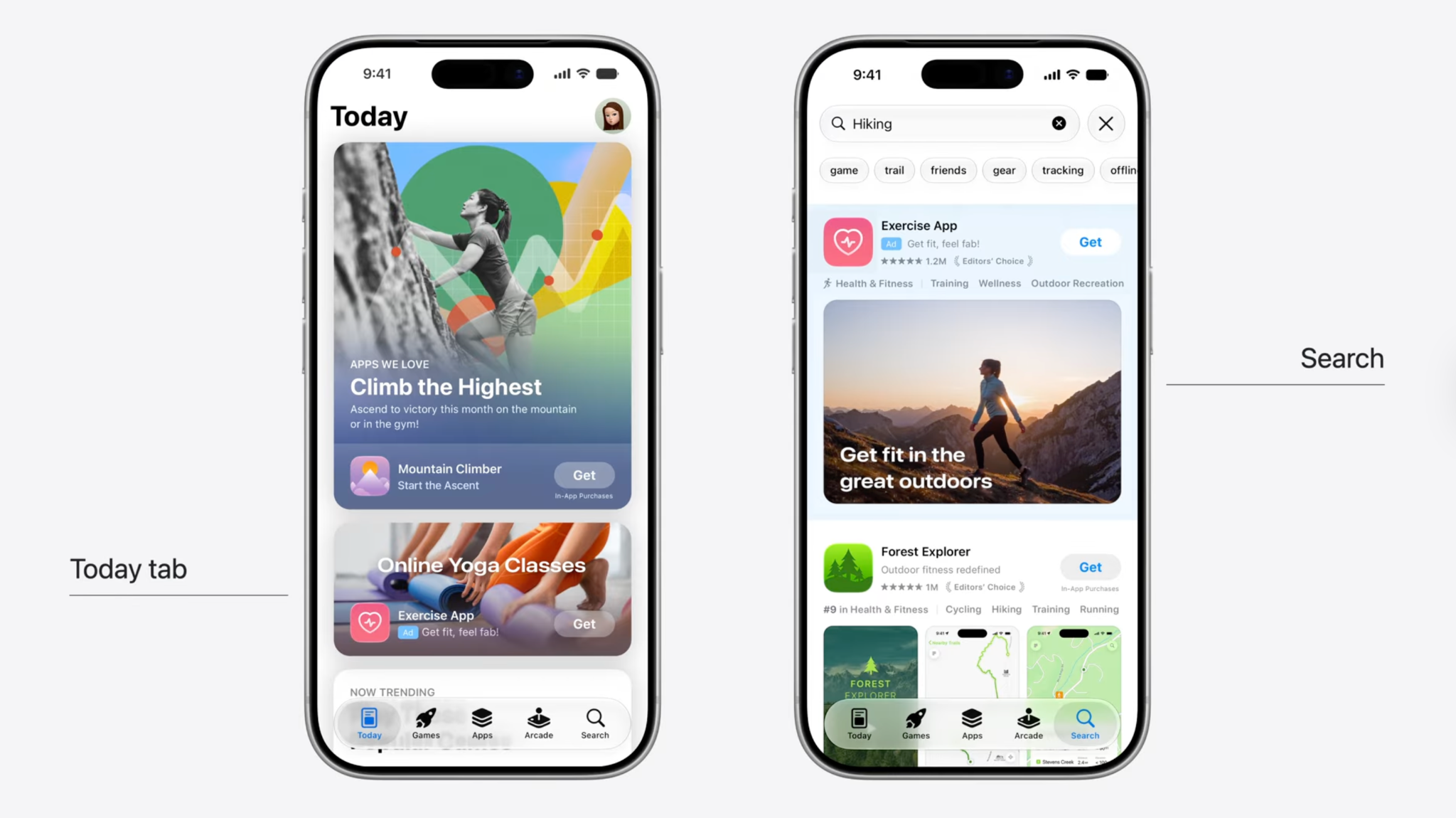 New App Store visual placements: product page header on the Today tab and video placement in Search results