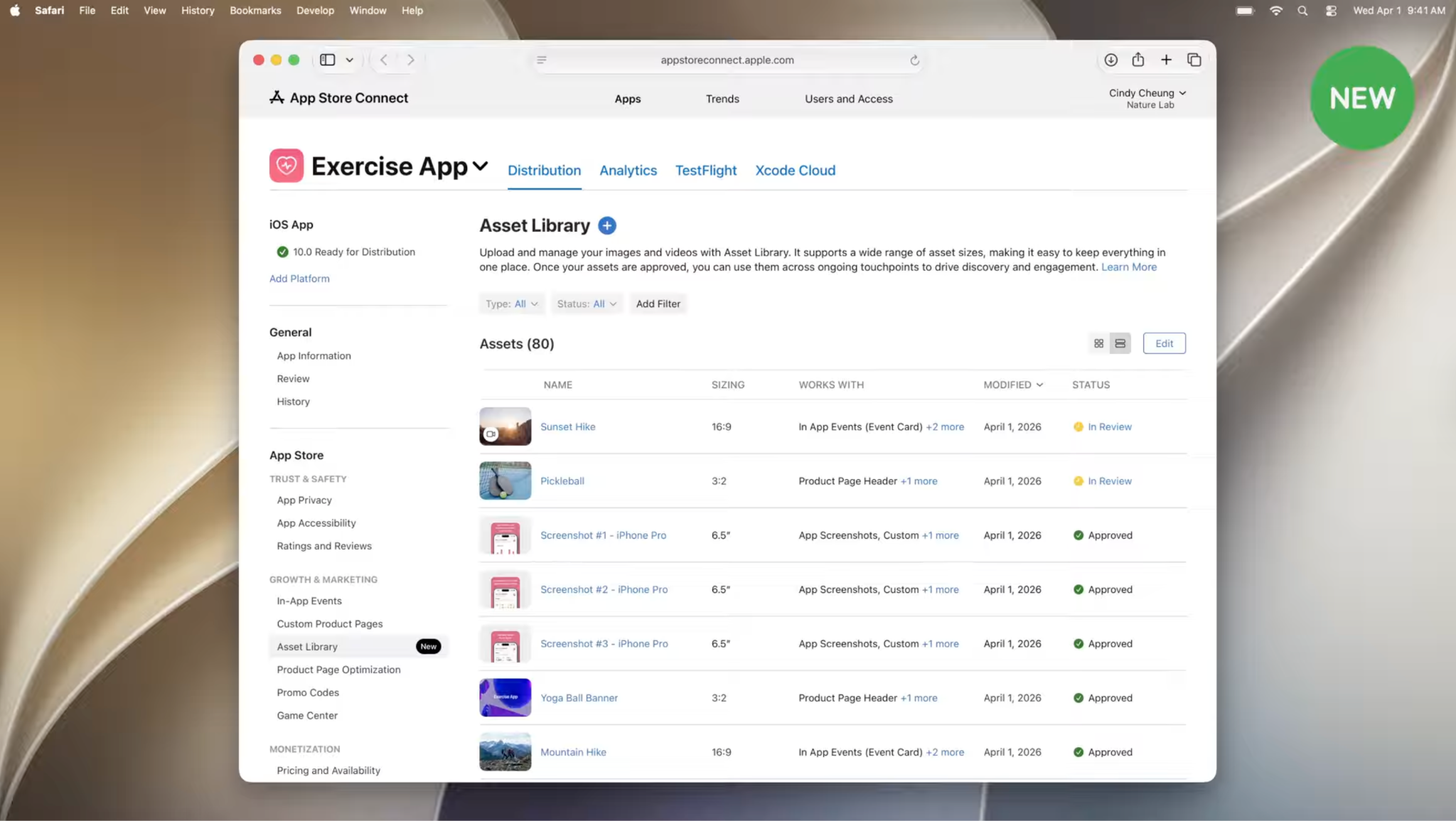Asset Library in App Store Connect — centralized hub for managing app images and videos across placements
