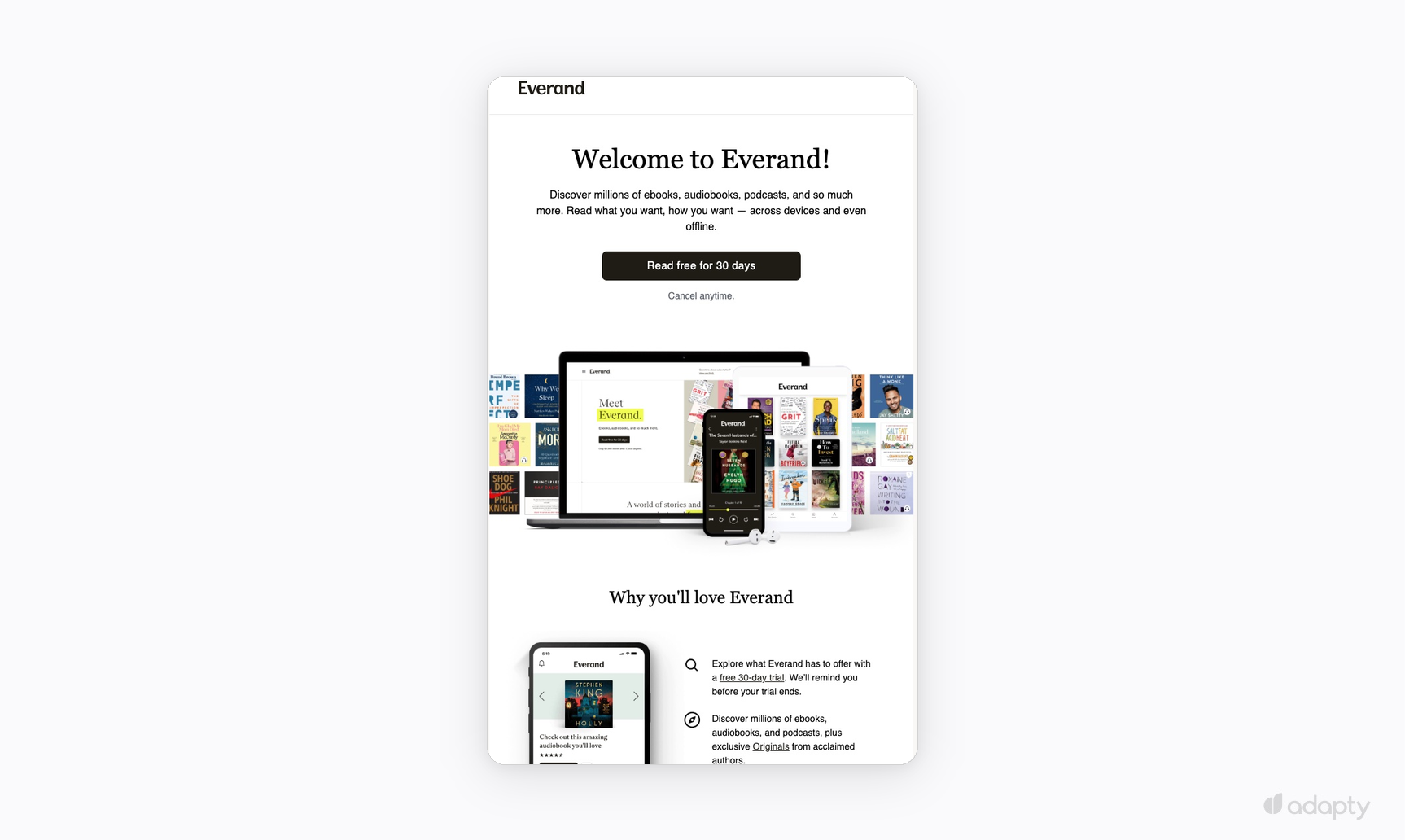 Everand welcome email with 30-day free trial offer and multi-device product showcase
