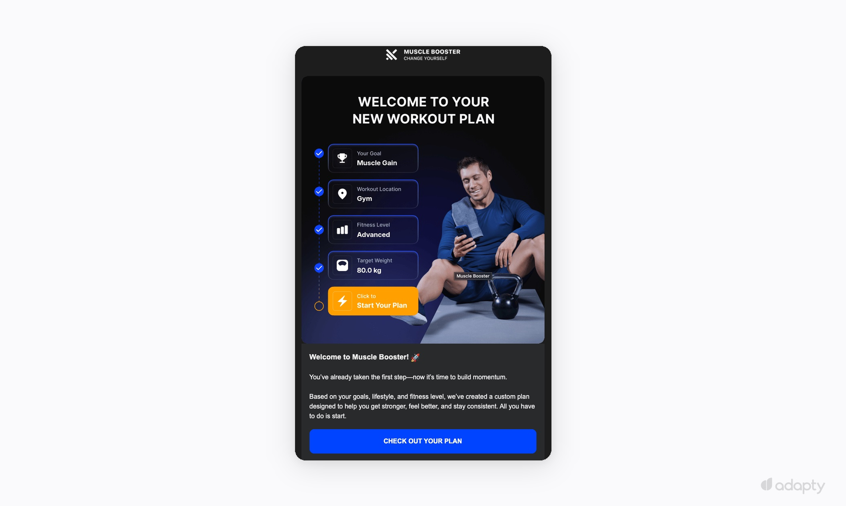 Muscle Booster welcome email with personalized workout plan summary showing user's goal, location, fitness level, and target weight