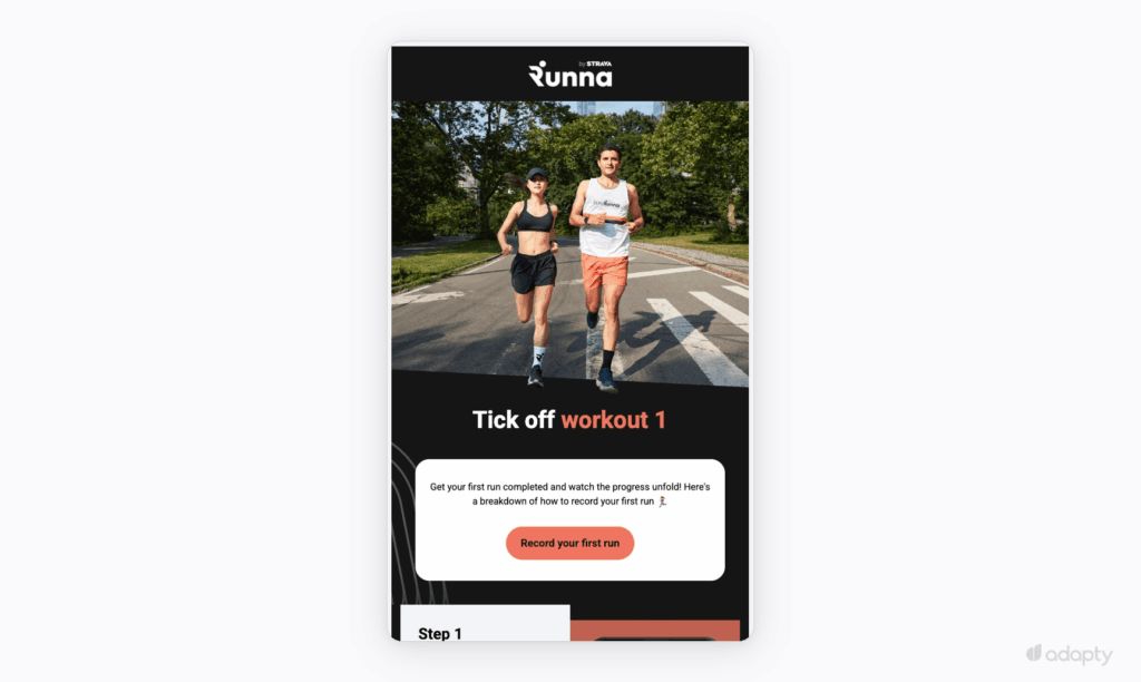 Runna by Strava onboarding email prompting the user to complete their first workout and record their first run