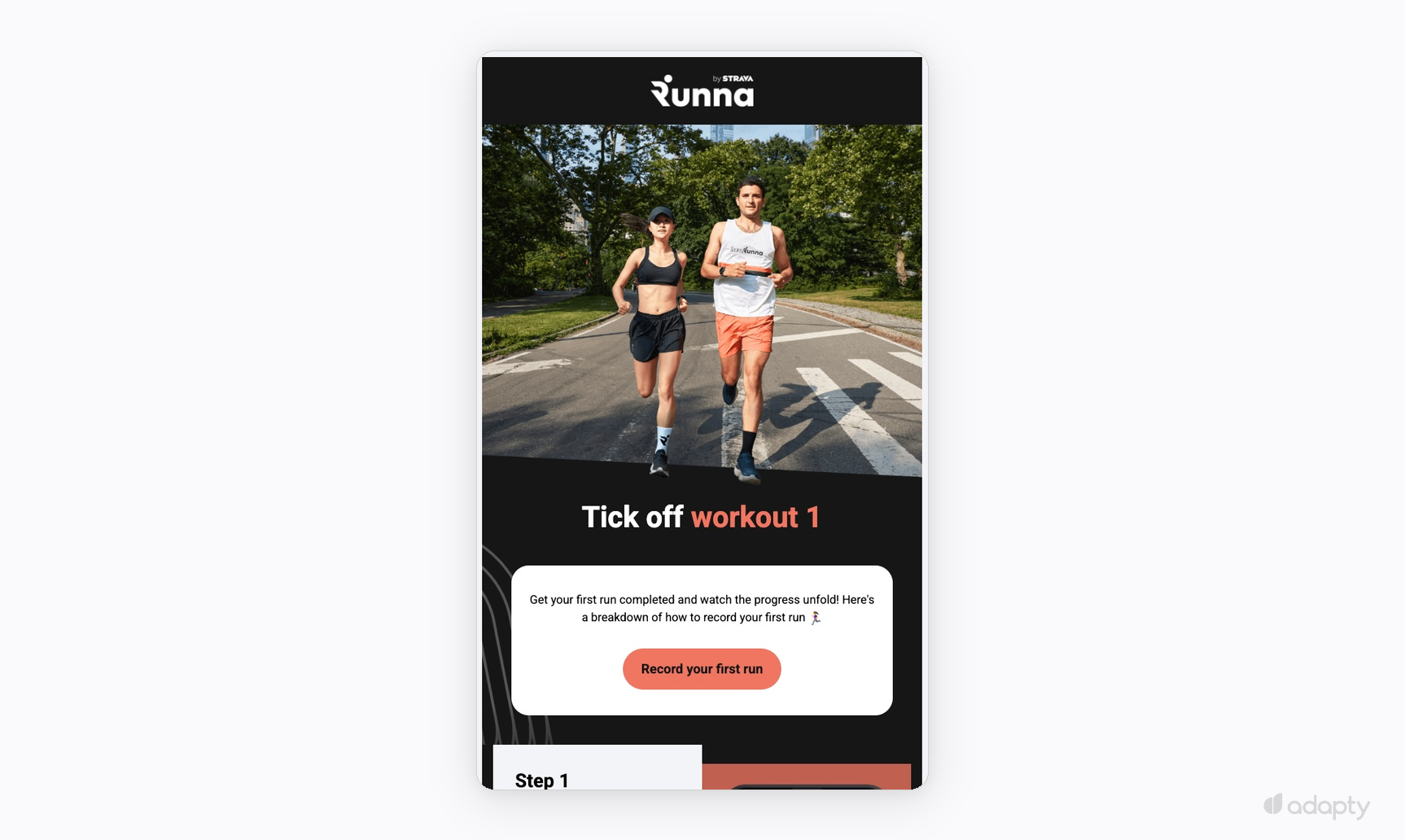 Runna by Strava onboarding email prompting the user to complete their first workout and record their first run