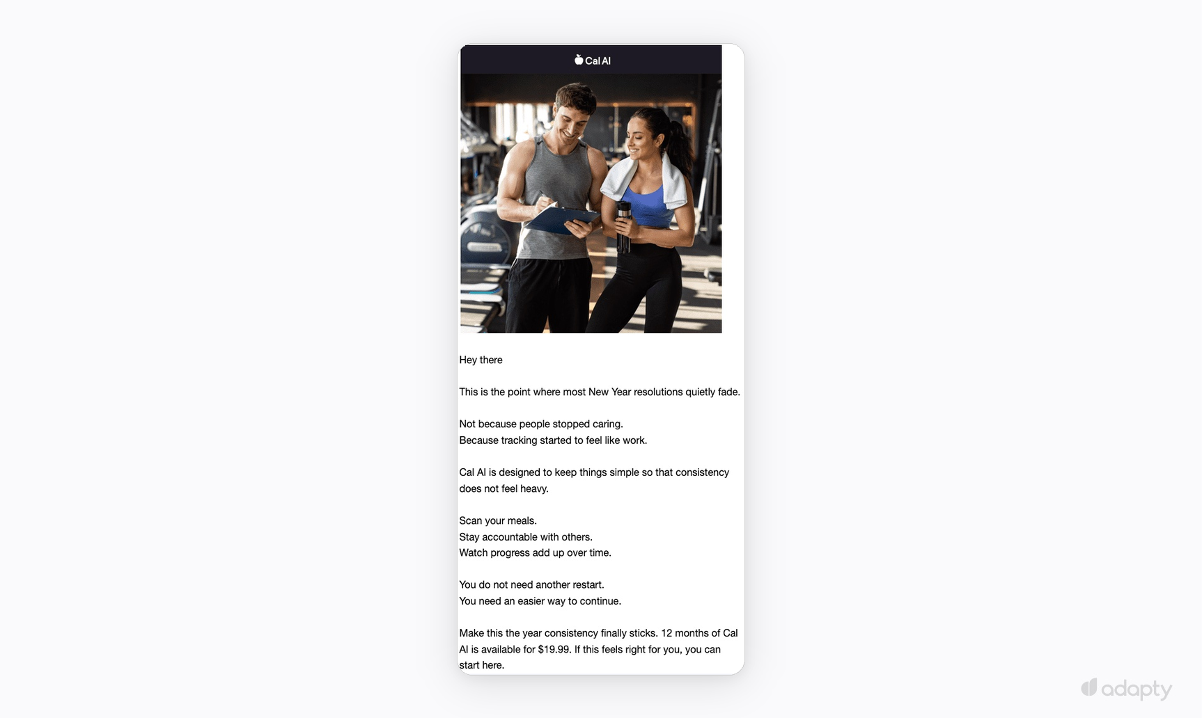 Cal AI re-engagement email encouraging users to stay consistent with meal tracking and offering a yearly subscription for $19.99
