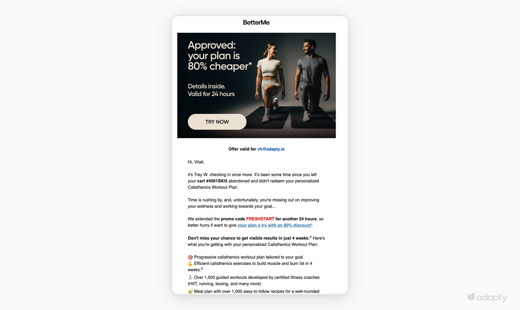 BetterMe abandoned cart email with 80% discount valid for 24 hours and personalized calisthenics workout plan details