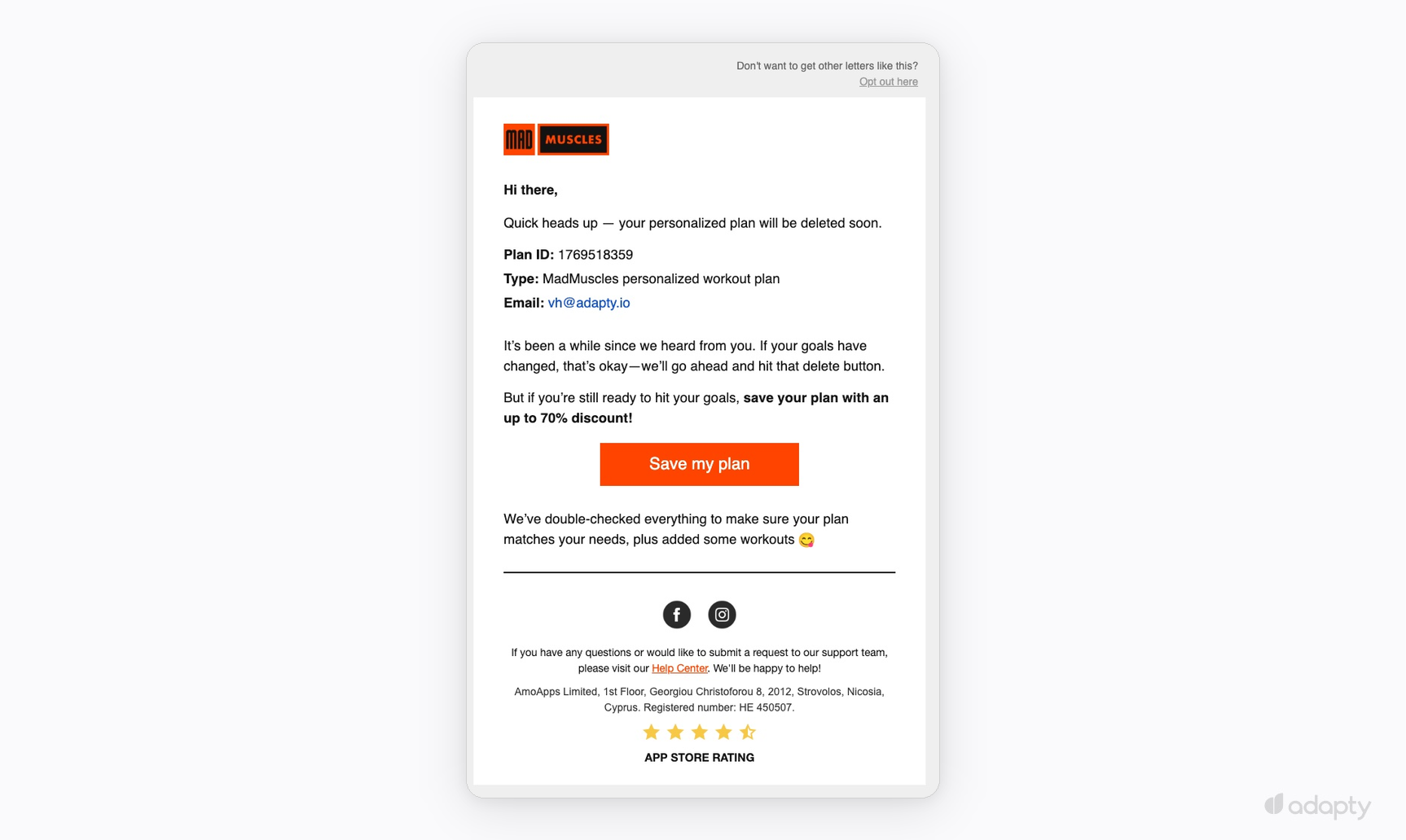 MadMuscles win-back email warning that a personalized workout plan will be deleted with a 70% discount offer to save it
