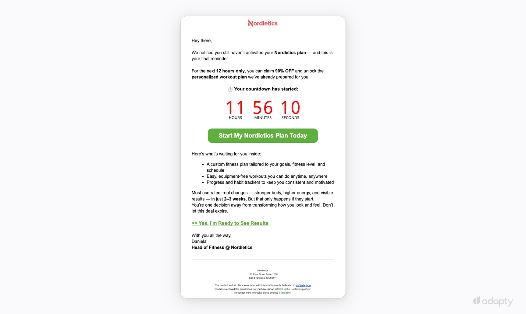 Nordletics urgency email with 12-hour countdown timer and 90% off offer to activate a personalized workout plan
