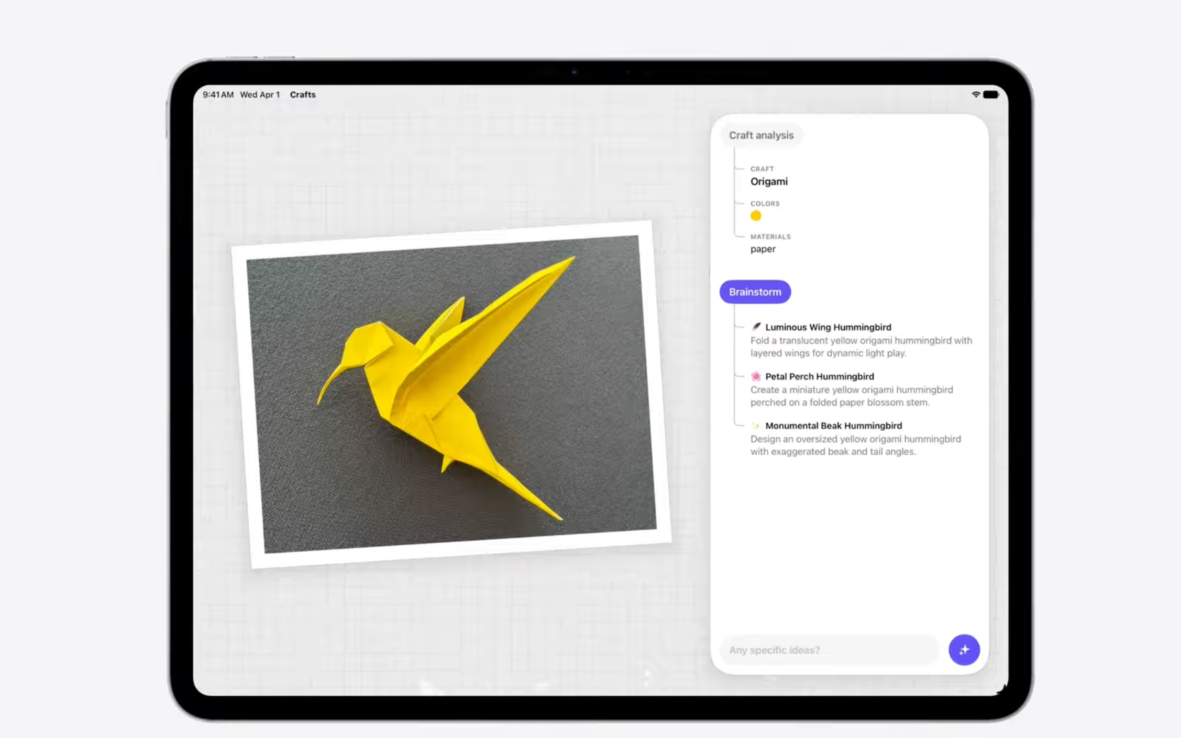 Dynamic Profiles demo in a crafts app: Foundation Models analyzes an origami hummingbird photo, then switches to brainstorm mode to generate creative project ideas — all within the same session