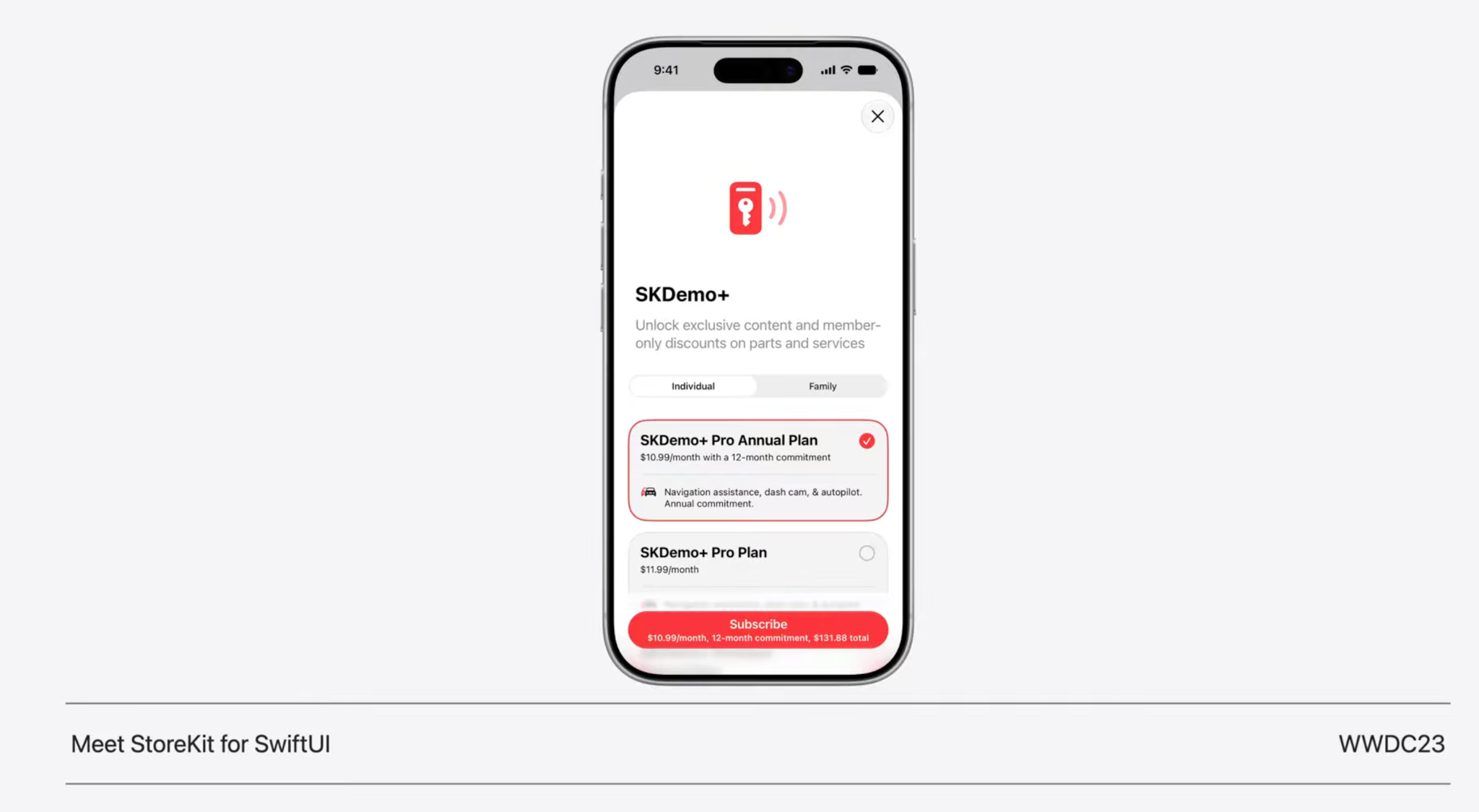 StoreKit paywall showing two billing options for SKDemo+: Pro Annual Plan at $10.99/month with a 12-month commitment, and a standard monthly plan at $11.99/month
