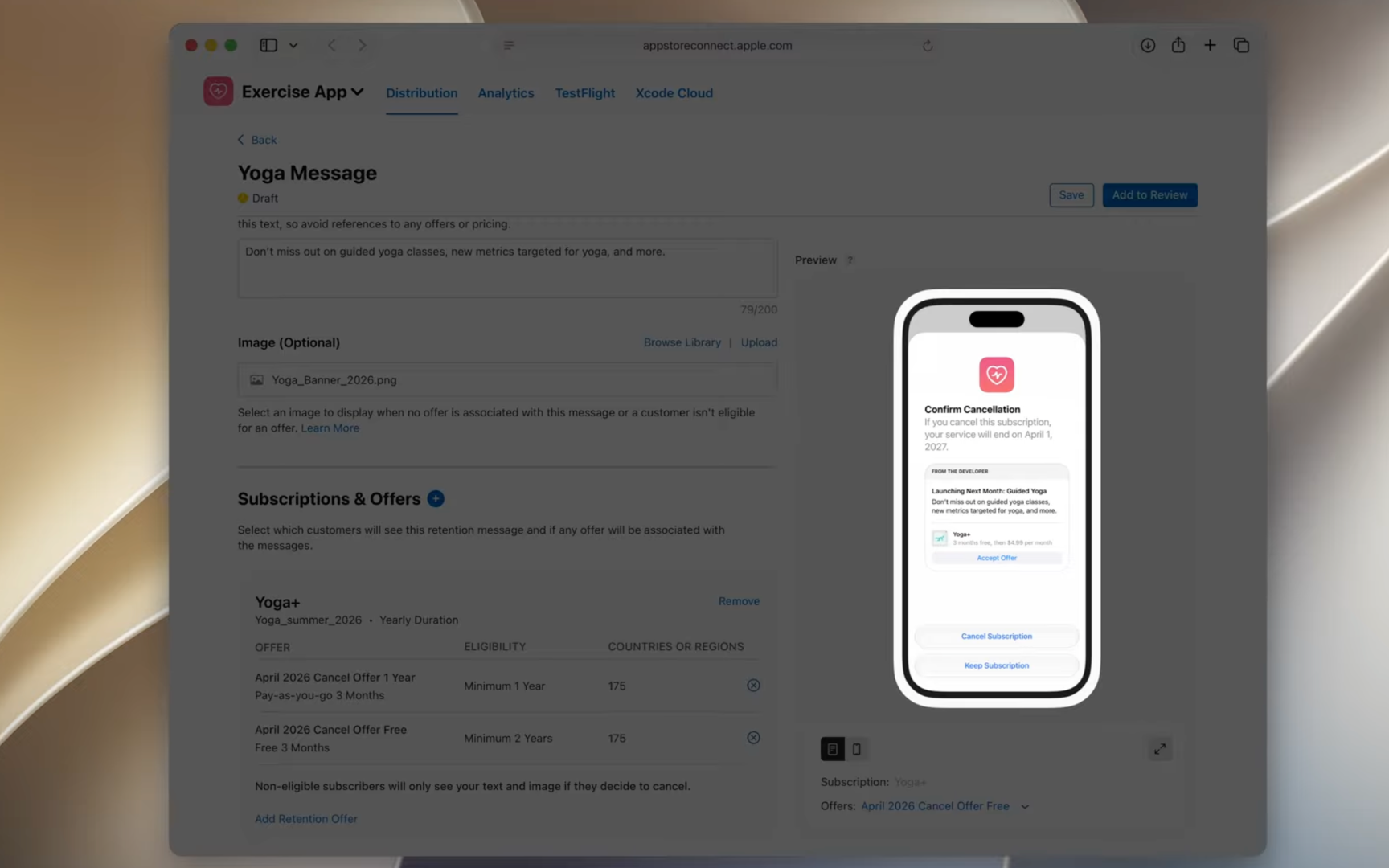 Retention Messaging setup in App Store Connect: configuring the Yoga Message with text, image, and promotional offers for the Yoga+ subscription, with a live preview of the cancellation screen