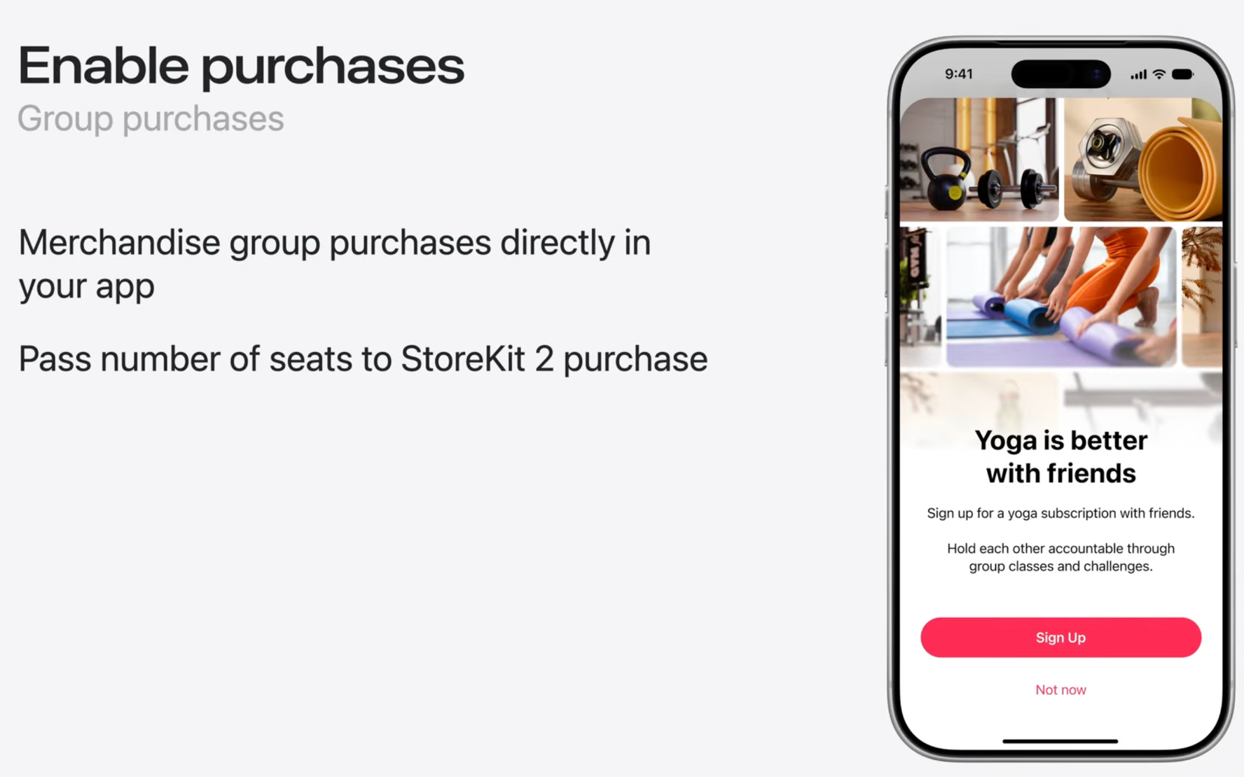 WWDC26 session slide showing group purchases flow: merchandise group purchases directly in your app by passing number of seats to StoreKit 2 purchase