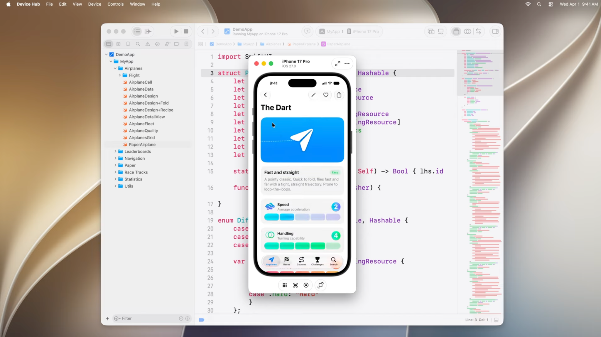 Xcode 27 DeviceHub: code editor and iPhone 17 Pro simulator preview side by side, showing the paper airplanes app with real-time preview updates as code changes