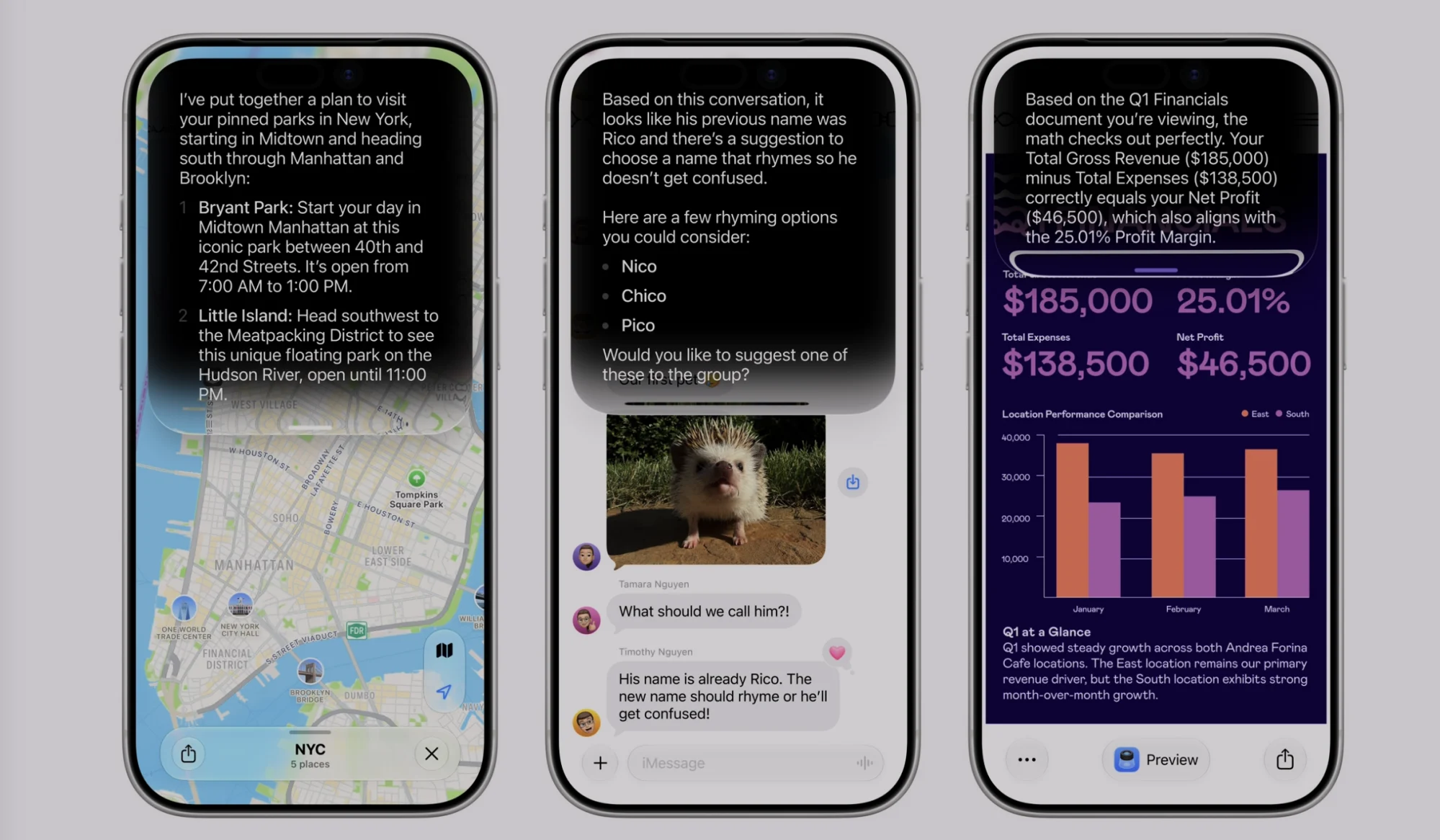 Siri AI demo from WWDC26 keynote: planning a NYC park route, suggesting names for a pet hedgehog based on conversation context, and analyzing a Q1 financial document in Preview