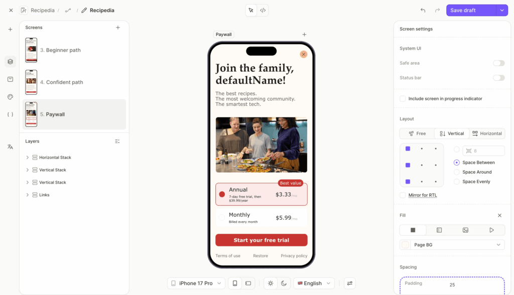 The Adapty Flow Builder editor with a recipe app's flow open, showing a custom paywall designed on a blank canvas beside the screen list and layout controls that let you build any screen from scratch.