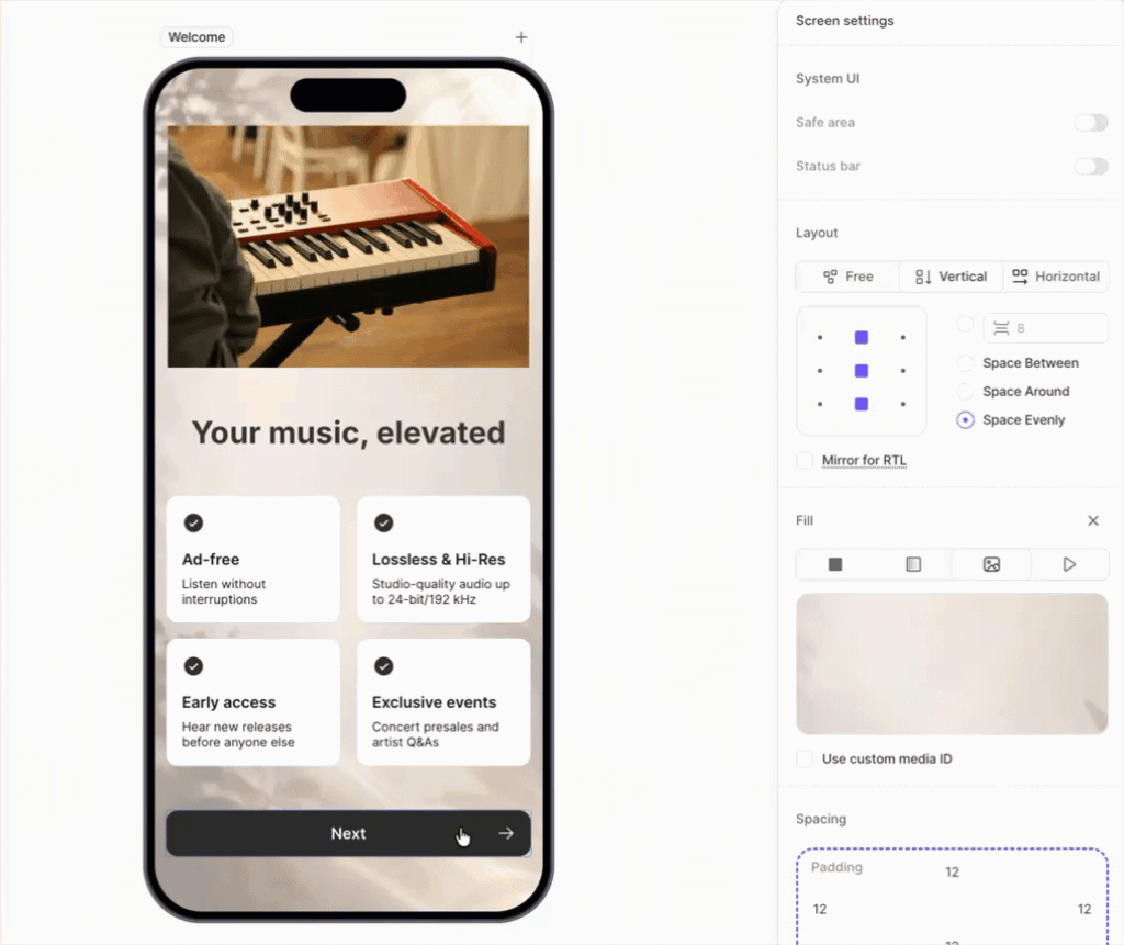 A music app onboarding screen built in Adapty's Flow Builder, headlined "Your music, elevated," with benefit cards for Ad-free, Lossless & Hi-Res, Early access, and Exclusive events above a Next button, shown beside the editor's screen settings panel. Source: Adapty.