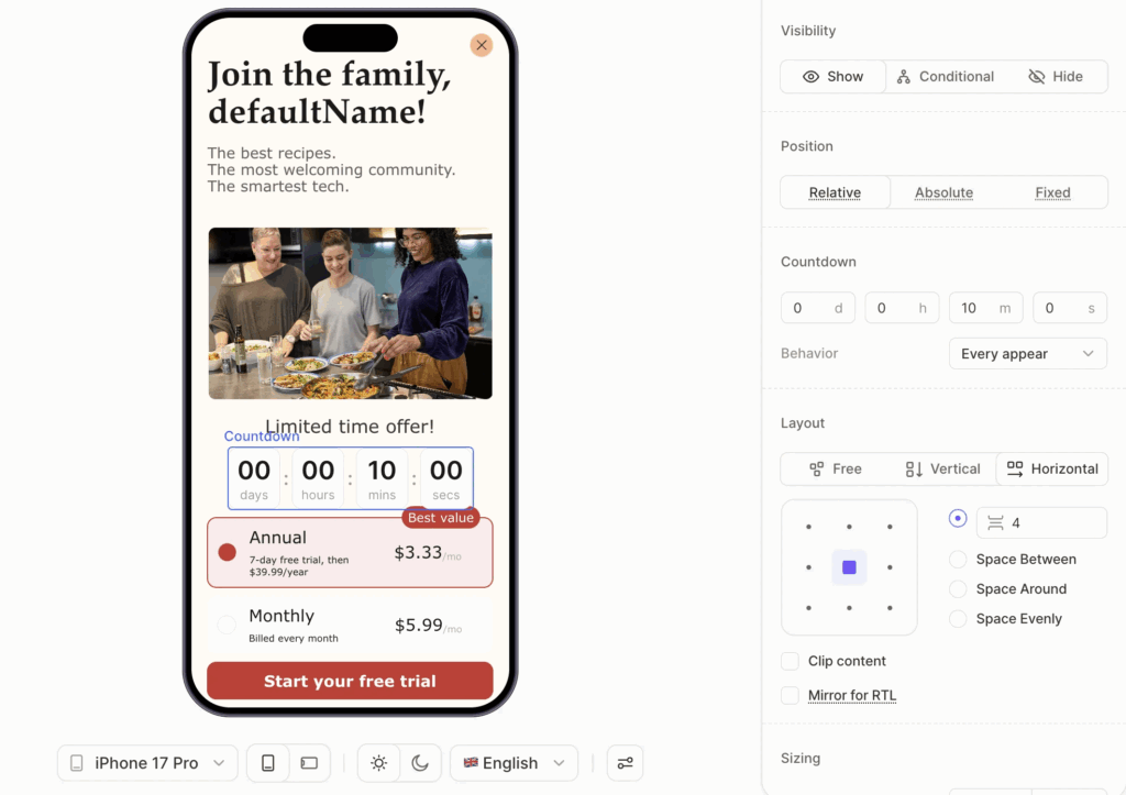 A paywall screen in Adapty's Flow Builder, headlined "Join the family, defaultName!" with a community photo, a "Limited time offer!" countdown timer, and Annual ($3.33/mo) and Monthly ($5.99/mo) plans above a Start your free trial button, beside the editor's countdown and visibility settings. Source: Adapty.
