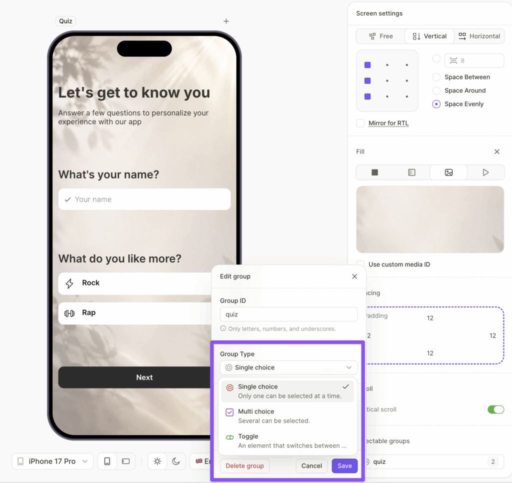 A quiz screen in Adapty's Flow Builder, headlined "Let's get to know you" with a name input and Rock or Rap options, beside an Edit group panel setting the group type to single choice, multi choice, or toggle. Source: Adapty.