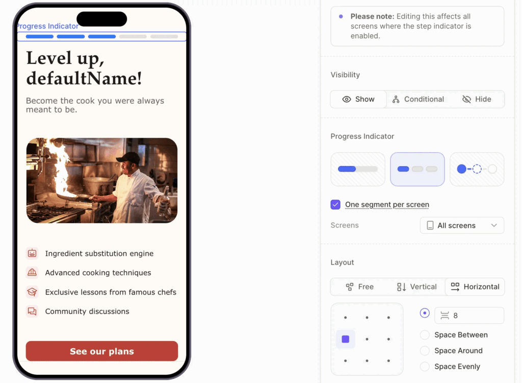 An onboarding screen in Adapty's Flow Builder, headlined "Level up, defaultName!" with a segmented progress bar at the top, a feature list, and a See our plans button, beside the editor's progress indicator and visibility settings. Source: Adapty.