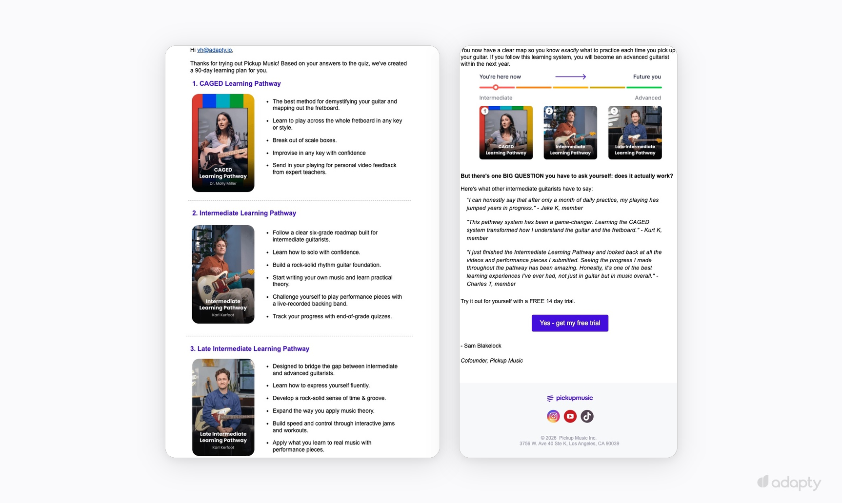 Pickup Music onboarding email showing a personalized 90-day learning plan with three guitar pathways side by side
