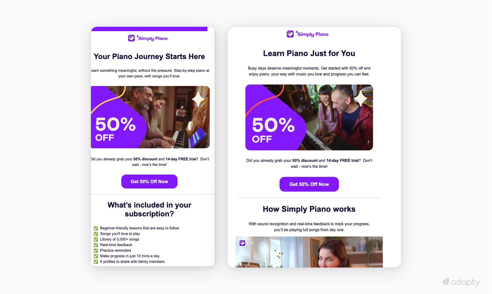 Two Simply Piano promotional emails with 50% off discount offer and subscription benefits overview