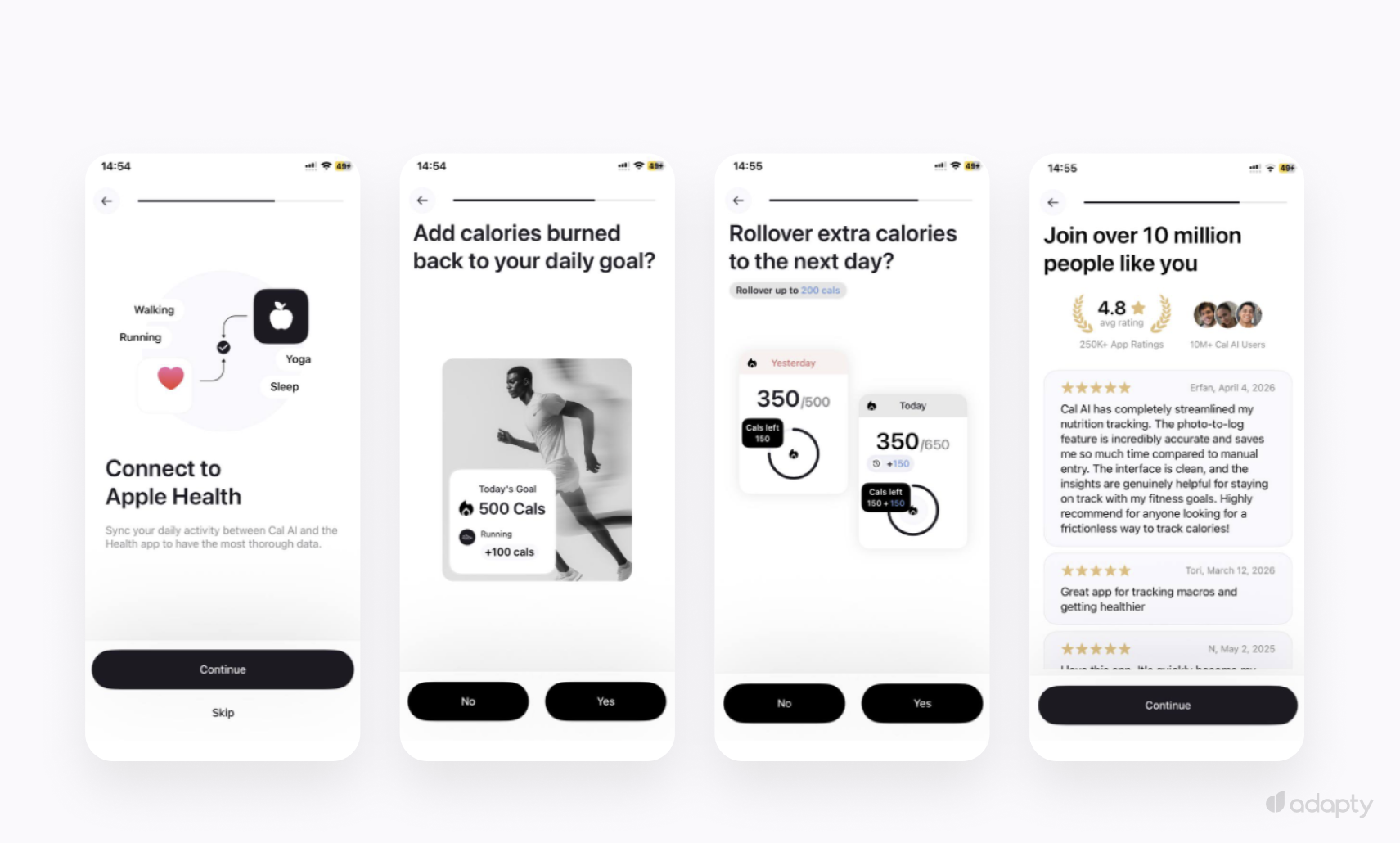 Cal AI onboarding screens — Apple Health connection, calorie goals, and social proof before email gate