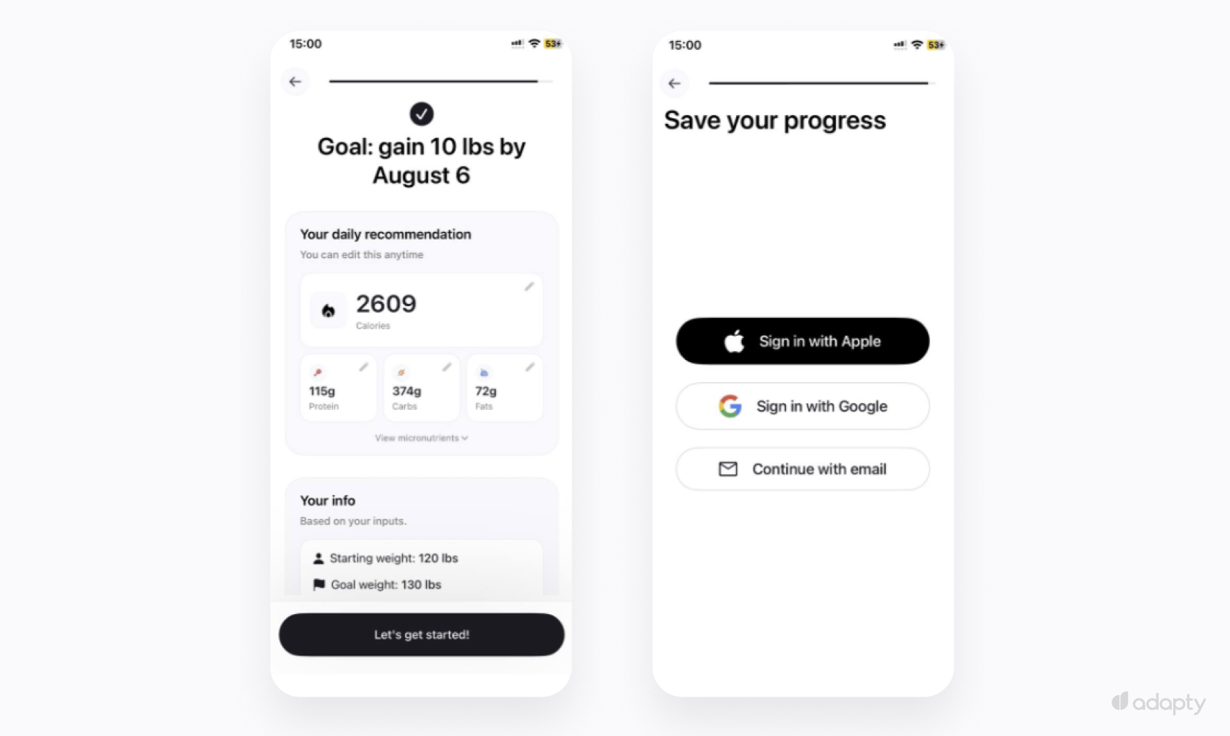 Cal AI result screen showing personalized goal and "Save your progress" email gate