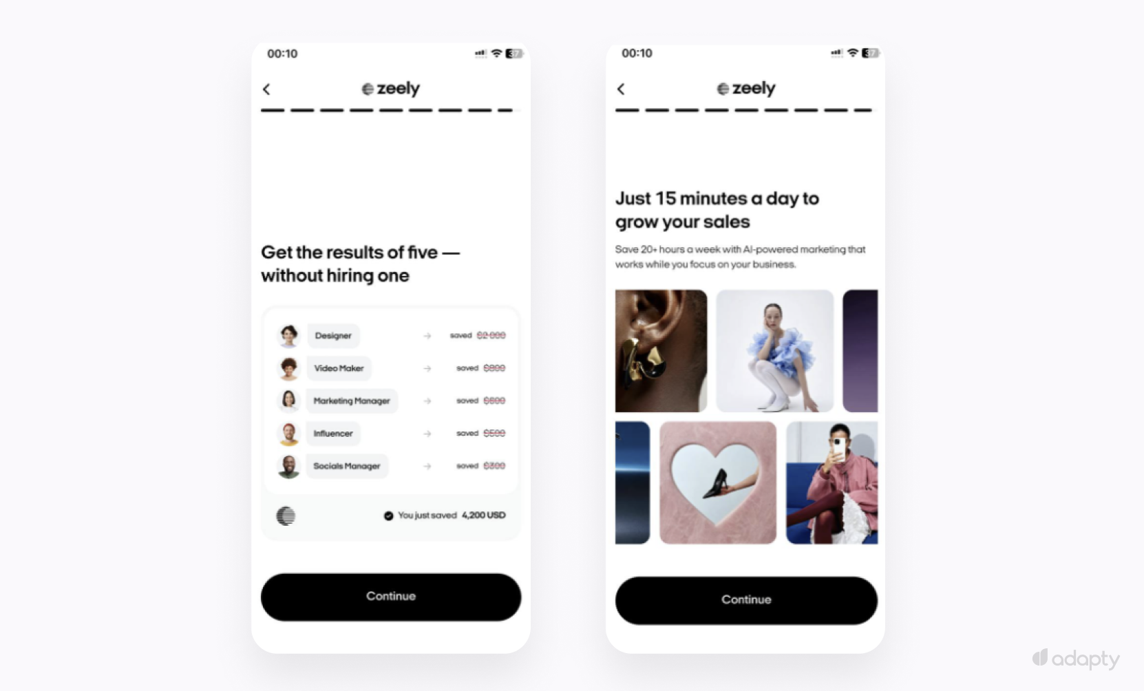 Zeely value screens showing $4,200 saved and time promise before email gate