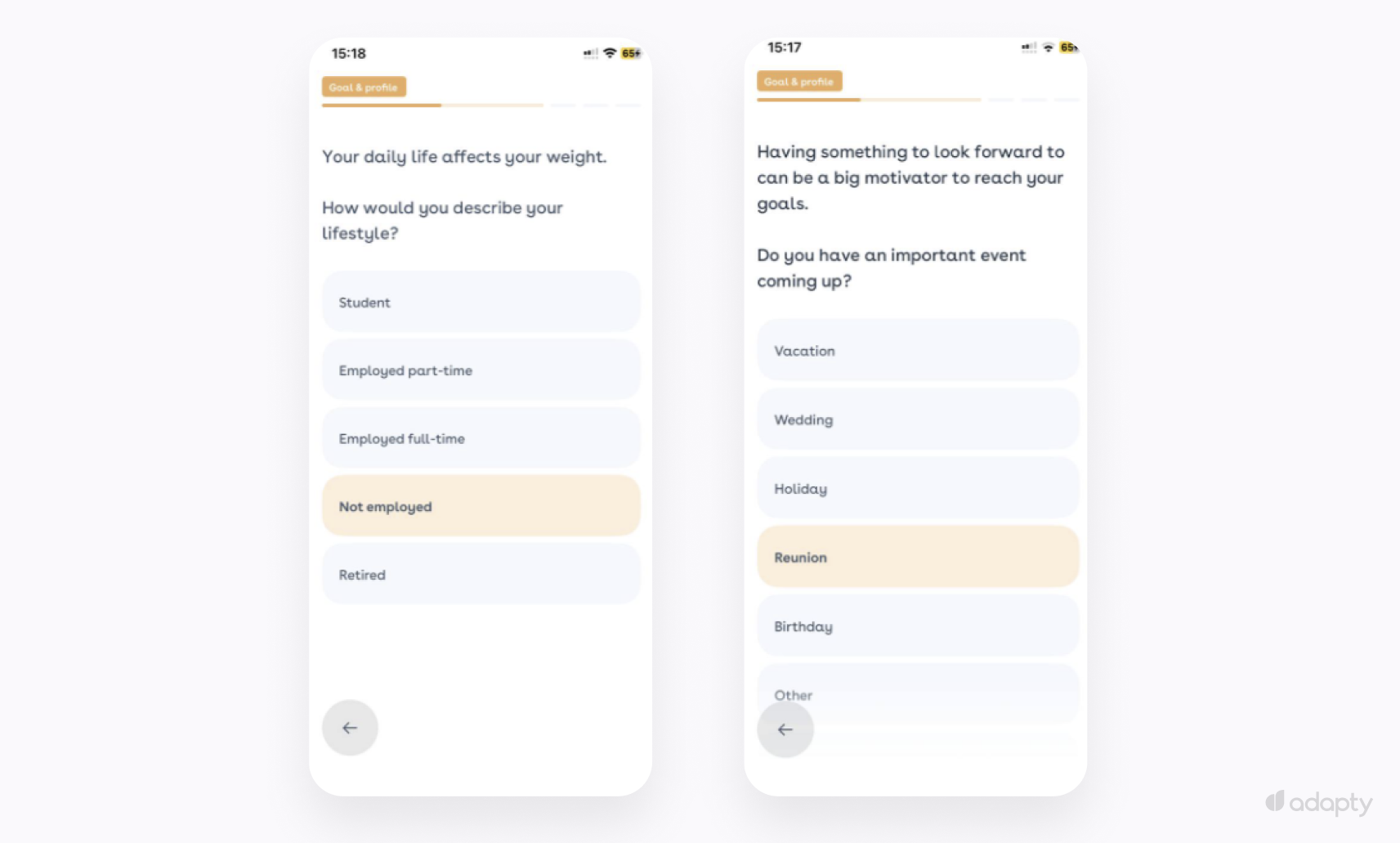 Foodvisor quiz screens asking about lifestyle and upcoming events before email collection