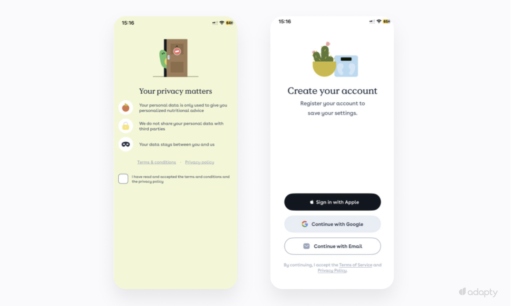 Foodvisor privacy screen "Your privacy matters" and email gate "Create your account"