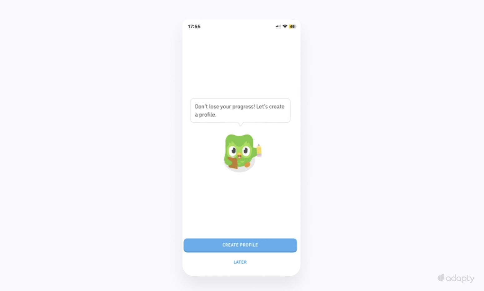 Duolingo registration prompt "Don't lose your progress" appearing after sessions — email collection after paywall pattern