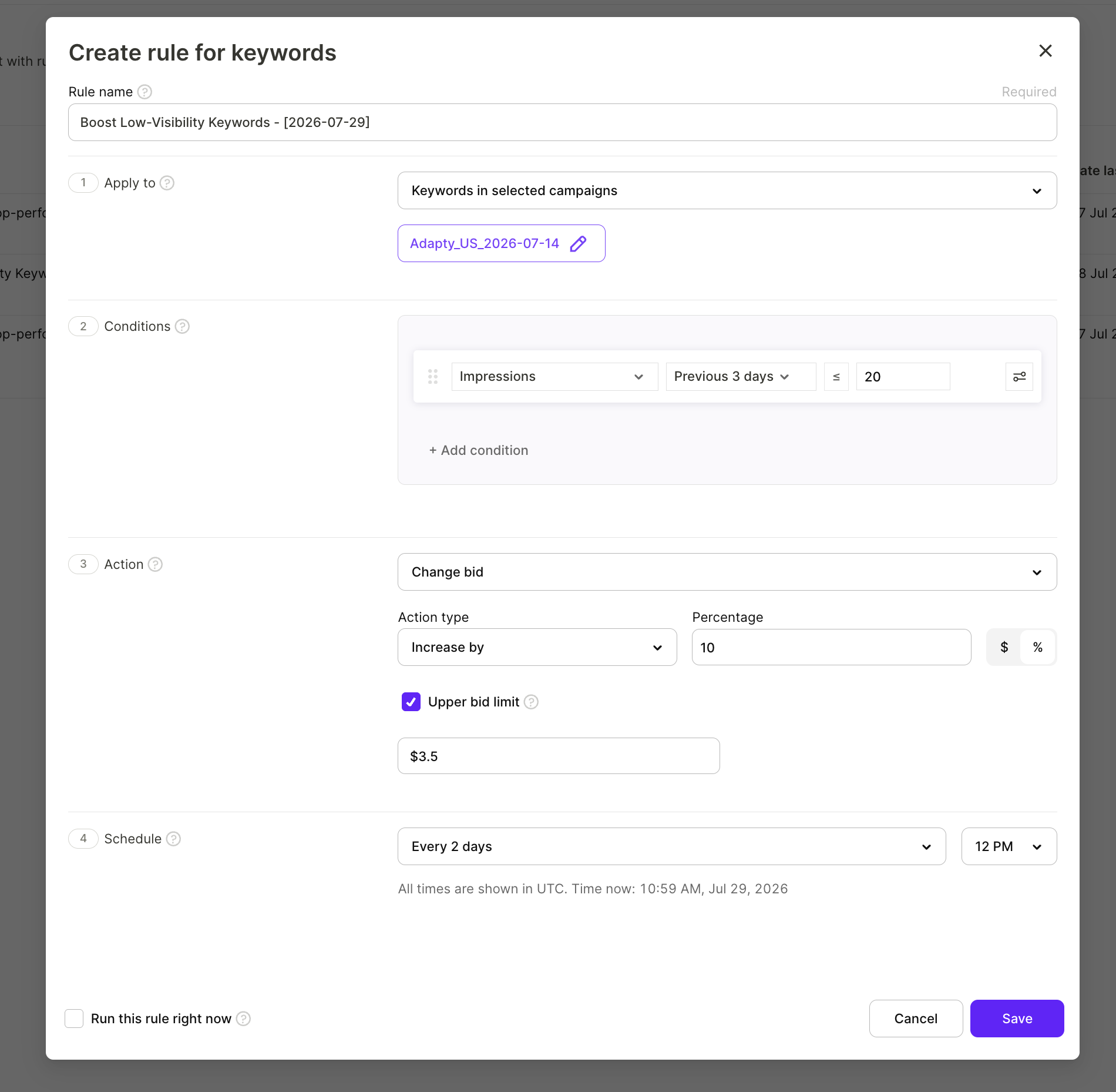 Adapty Ads Manager keyword rule with an impressions condition, a 10% bid increase, and a $3.50 upper bid limit.
