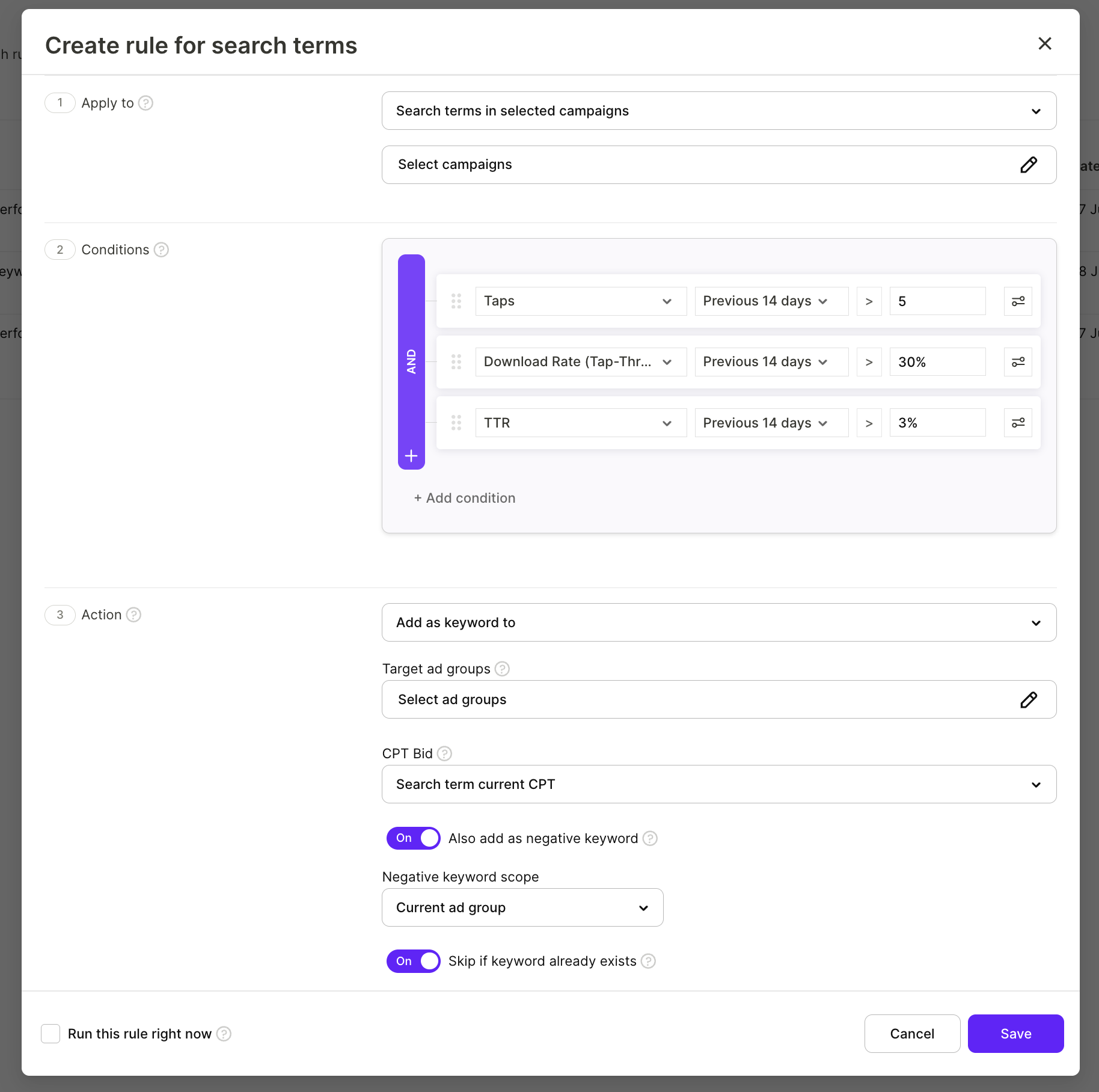 Adapty Ads Manager search term rule with tap, download rate, and TTR conditions, adding the term as a keyword and negative keyword.