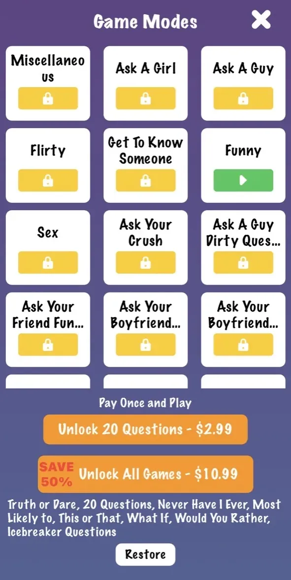 The paywall screen of the 21 Questions app