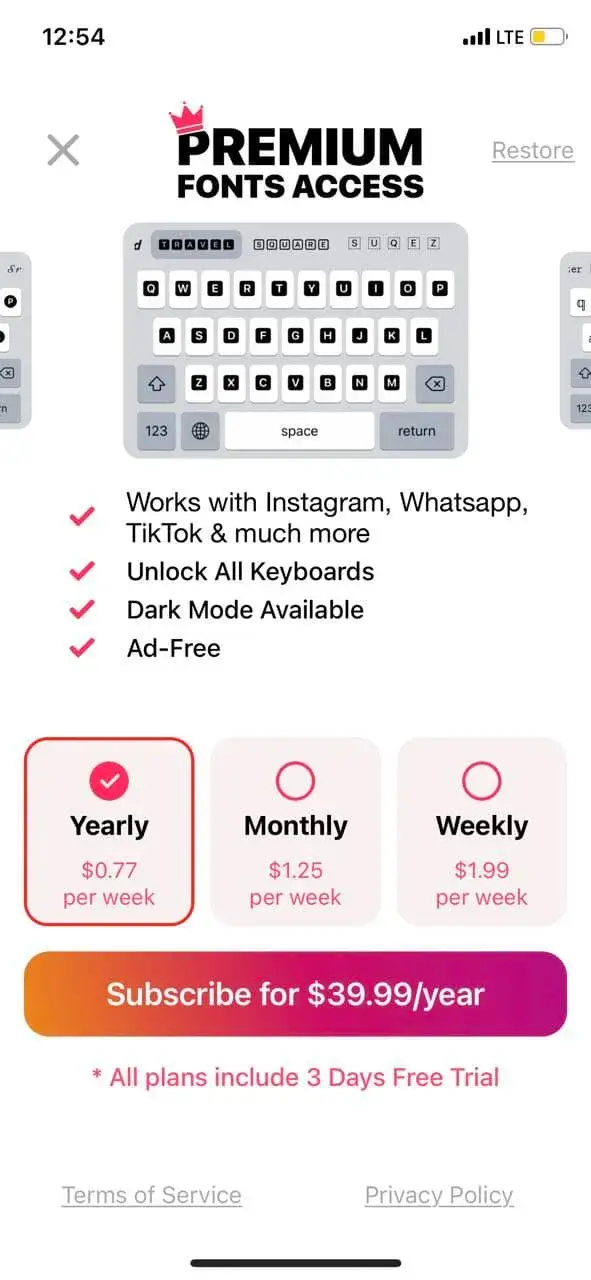 The paywall screen of the Fonts Keyboard app