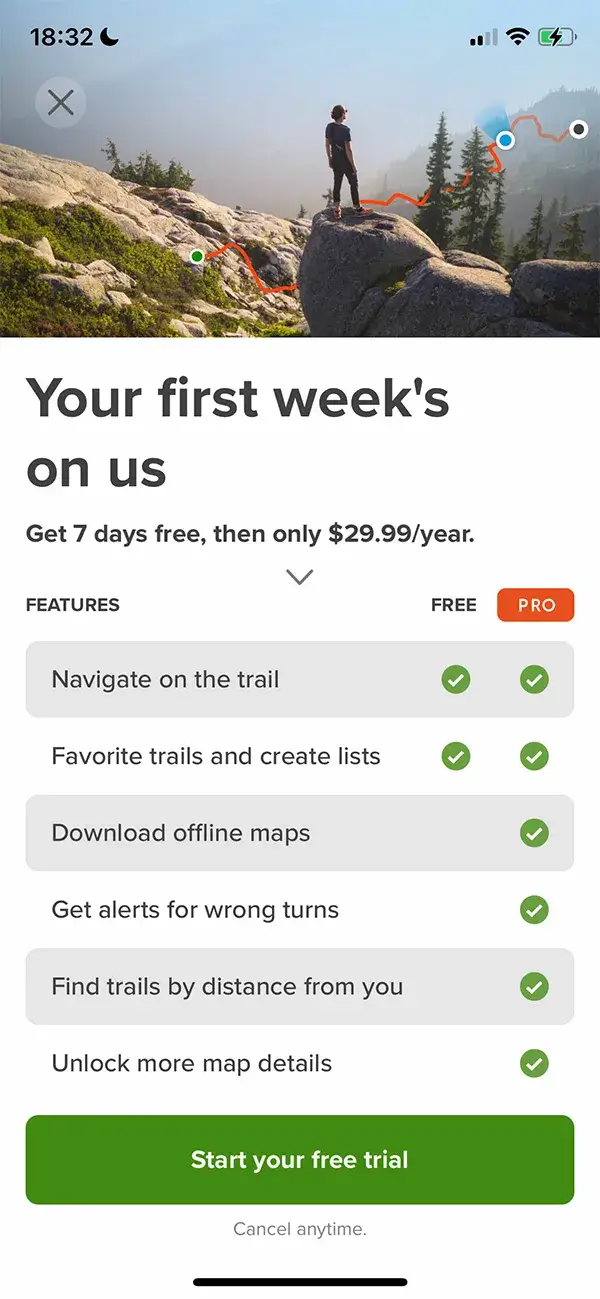 The paywall screen of the AllTrails app