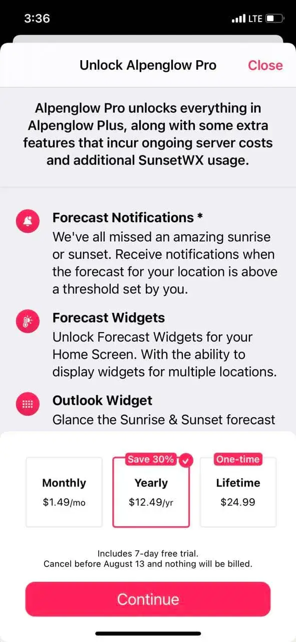 The paywall screen of the Alpenglow app
